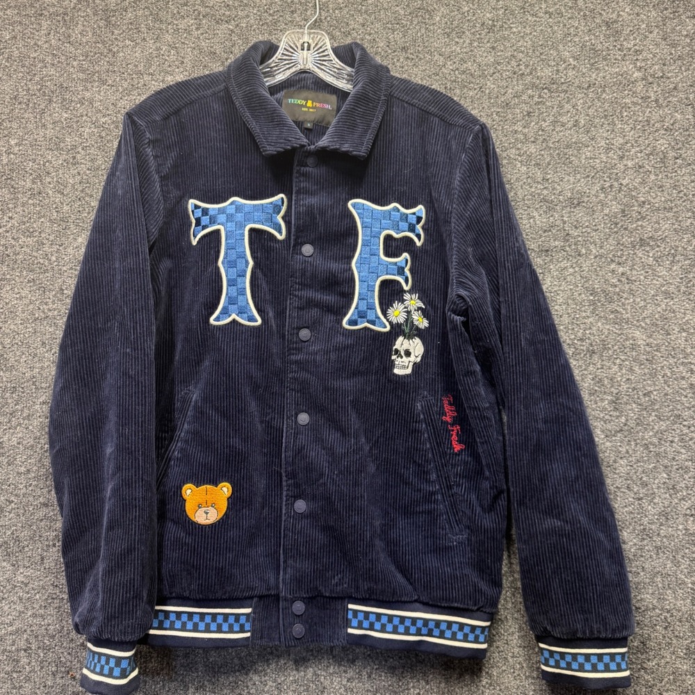 Teddy Fresh Corduroy Varsity Jacket Mens Small Navy Blue Skull Bear Streetwear